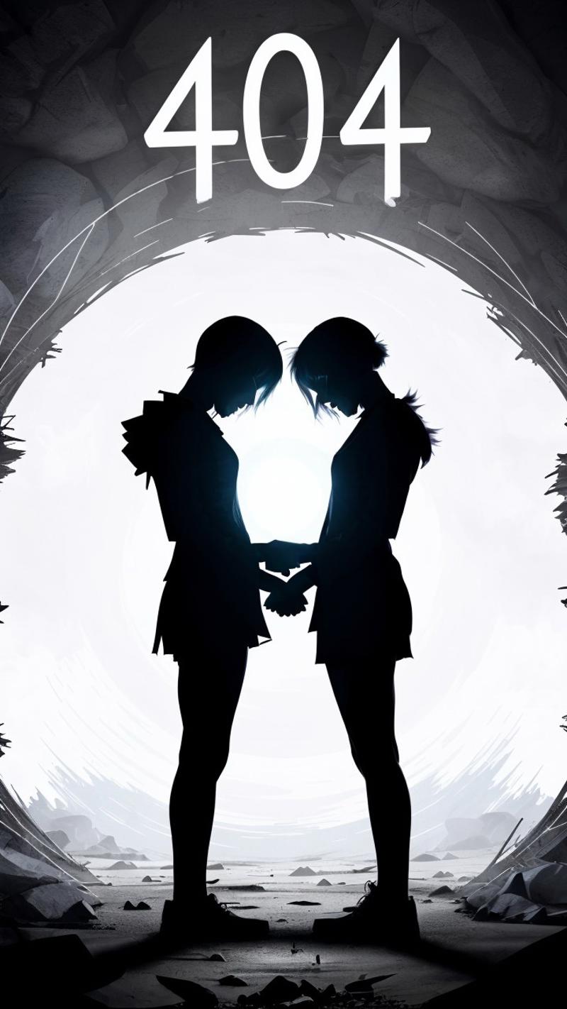 Two silhouettes of women holding hands in front of a bright light.