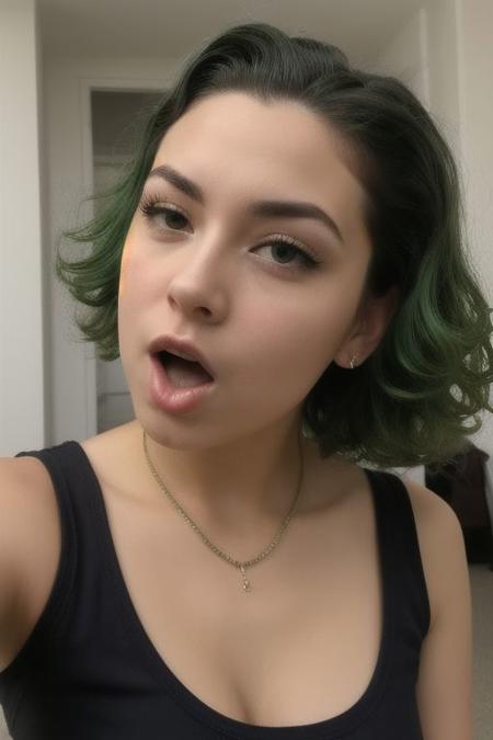 instagram photo, close up photo of 23 y.o Chloe in black dress, skinny little ((tatsumaki)), ((curly hair, (green hair), green bangs, wavy hair)), green eyes, angry, lips parted, lip gloss, (mouth open), petite, athletic, black lace collar, ((cleavage)), bare chest, plunging neckline, detailed skin, flat chest, sweaty, supple, stockings BREAK cowboy shot, pov porn, ((eye contact, sexual)), perfect face, natural makeup