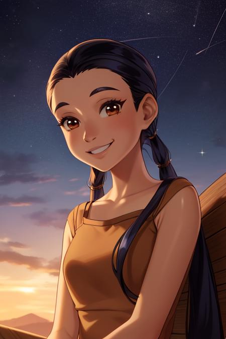 Hay , solo, long hair, twintails, black hair ,brown eyes, casual clothes,  upper body,  sitting, outside, stars, smiling, 
(insanely detailed, beautiful detailed face, masterpiece, best quality) cinematic lighting,
 <lora:HayLin:0.7>