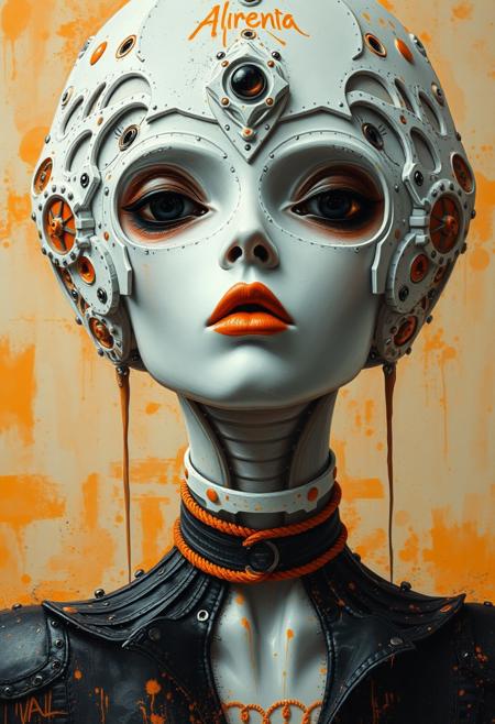 Ethereal minimalist Alien race cybergoth fashion photography painting, in the style of fluorecent orange, pearl_white black and silver, heavy use of palette knives, full body wide shot painting of teachment, intricate, sharp_focus, concept_art