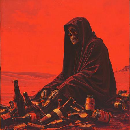 Dark art Side view of an cloaked ominous monk from the 70s-style pulp paintings sitting in a pile of beer cans and bottles in a red mystical desert, The sky is red and otherworldy. The monks grinning skeletal face is barely visible. Duotone: Burnt orange and deep plum. Mood: Occult ritual meets 80's crinkled concert poster art style. Grim reaper, doom metal-style, gritty, desert ritual, tales from the crypt