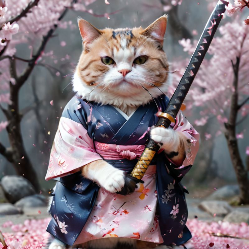 A small cat dressed in a kimono and holding a sword.