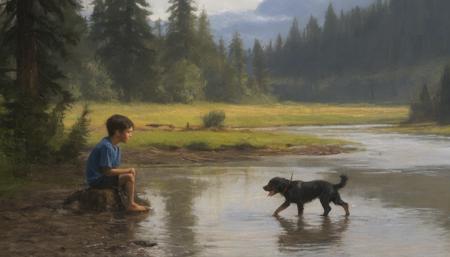 a boy with his dog at the river's edge of a cascadian forest by ClassipeintXL