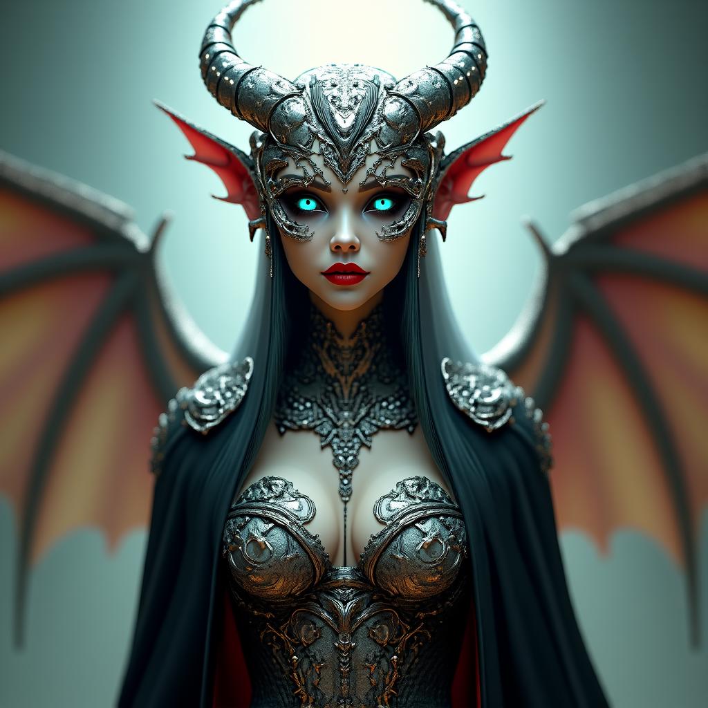 A hyper-realistic 3D render of a cyber-dragon themed arcane tech woman, with a gothic aesthetic, exposed machinery, and intricate details. Her skin is a pale, iridescent color, adorned with intricate circuitry patterns that blend seamlessly with her flesh. She wears a flowing, ornate robe of black, accented with intricate gold and ruby-red trim, and her wings, a fusion of cybernetic and dragon elements, are partially unfurled, revealing a shimmering, silver framework. Her eyes, glowing with an ethereal blue light, gaze intensely forward.  The woman is standing in a mystical, otherworldly realm, filled with swirling mists and ethereal lights. The background is a combination of abstract shapes and textures, reminiscent of the cybernetic dragon motif, creating a sense of depth and movement.  The depth of field is extreme, focusing solely on the woman's face and upper body, blurring the surrounding environment into a hazy, ethereal backdrop. The lighting is dramatic, casting long, dramatic shadows from the woman's form, highlighting her intricate details and ethereal beauty.  The woman's internal machinery is visible, with wires and cables winding through her form, exposed and glistening in the ethereal glow. Sophisticated fantasy design elements are present throughout the image, with runes and symbols etched onto her armor, and intricate, detailed circuitry patterns woven into her flesh.