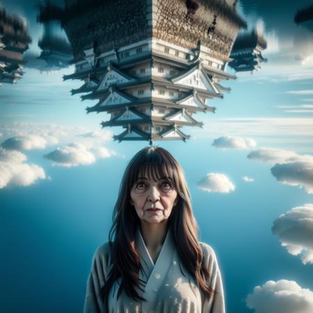 blue sky, architecture, east asian architecture, castle, floating island, airship, pagoda, above clouds, UDCS, realistic, 1girl, solo, long hair, breasts, bangs, brown hair, black hair, long sleeves, old woman,  <lora:Upside_Down_Castle_of_Binary_Planet_v1:0.8>