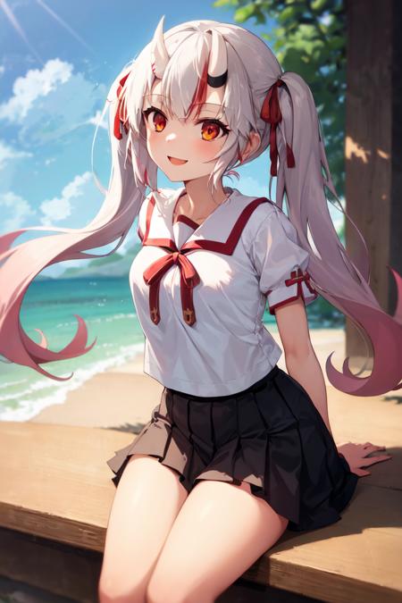 masterpiece, best quality, absurdres, perfect anatomy, 1girl, solo, Nakiri Ayame, long hair, twintails, smile, HomuraharaFemaleSummer, serafuku, red ribbon, black skirt, puffy short sleeves, <lora:HomuraharaUniform:1>