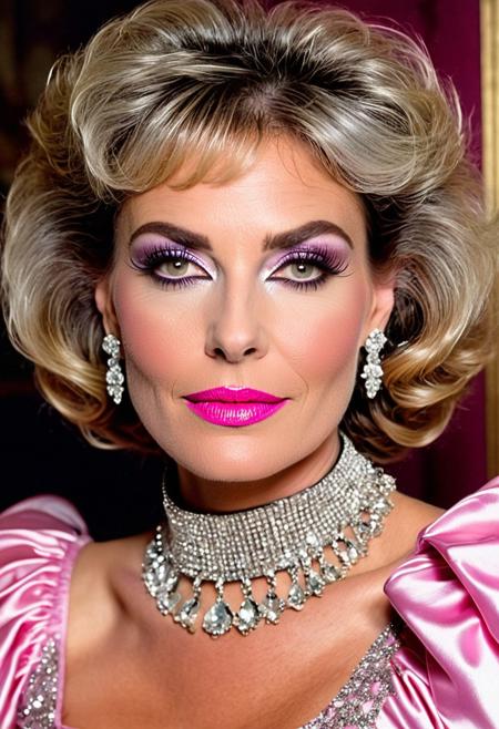 1boy,
A highly detailed best quality photography from the (year 1986:1.5) shows Debra, a slim (mature) American femboy in a contemporary bar room. He leans lasciviously on a stylish chaise longue, half sitting, half lying down and looks at the viewer with a demeaning and arrogant smile on his face. 
The androgynous face of the Sissy with (narrow-set) wide open light grey eyes, big (bent nose), (wide lower jaw) and an (underbite) is (odd) but tells the interesting story of a live. The aged skin is wrinkled and shows agespots.  The intricate wavy long white hair with (pink highlights) is elaborated. A heavy collar choker adornes the neck. He wears precious jewelry, Creole earrings and bangle bracelets. The stunning and extravagant (1980s style evening dress:1.5) results no cleavage because of a (flat chest:1.5). The 1980s style decadent and modern furnished room is painted in changing purple and silver colors. Futuristic wall lights create an intimate, subtle lighting atmosphere.