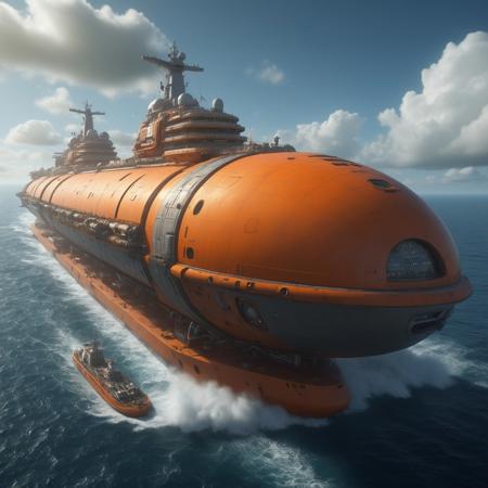 Create a vivid description of a massive spaceship that resembles a city. The ship should be elongated in shape and feature numerous portholes along its sides, giving the impression of life on board. The ship should have a docking bay on one side, where smaller vessels such as merchant and military ships can depart. At the rear of the ship, a cluster of orange-colored exhaust vents should emit a bright, vibrant light. In the background, depict a lush and welcoming planet with oceans and clouds, and describe it in precise detail. On the ship's hull, make the words "EARTH 221" stand out in bold letters. A similar ship should be visible in the distance, with the same characteristics. The overall atmosphere of the scene should evoke a sense of massive exodus, as if the ships are fleeing to find a new home. The image should be highly detailed and feature magnificent colors. Please generate a written description that brings this scene to life.