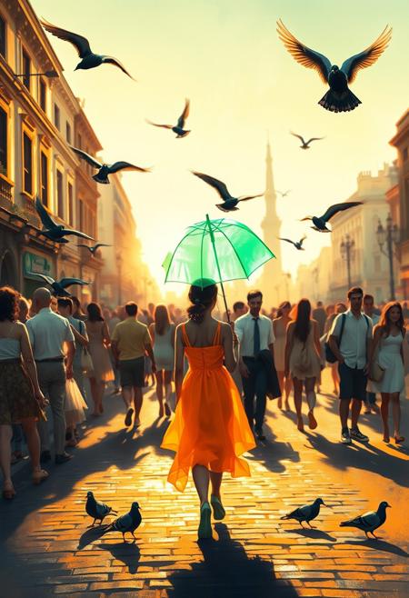 A sun-drenched boulevard in late afternoon, with soft golden light washing over loosely gathered crowds. Among them, a young person in a vividly glowing orange dress walks under a translucent green parasol that seems to emit its own soft light. Their stylized figure contrasts against the impressionistic blur of the environment, which is composed of sweeping strokes and hazy architecture. The neon hues radiate subtly but distinctly, giving the subject a surreal prominence within the realistic setting. The sky overhead is tinged with a faint green gradient, and the shadows stretch long and sharp across cobbled stones. Pigeons take flight, their wings catching both warm sunlight and neon reflections. The entire moment feels like a memory—both romantic and uncanny—imbued with a dreamlike stillness, where vivid color hints at hidden emotional currents beneath a calm, atmospheric surface.