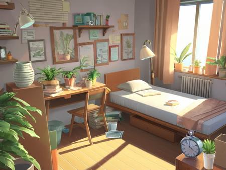 no humans, scenery, clock, plant, book, bed, window, pillow, sunlight, shelf, wooden floor, lamp, shade, indoors, box, alarm clock, chair, flower pot, table, day, book stack, potted plant, bedroom, bottle, cup, curtains, desk, paper, trash can<lora:RIXICHANGJING:0.7>