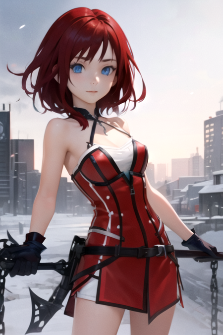 KairiValor, 1girl, solo, medium hair, blue eyes, red hair, gloves, red dress, 