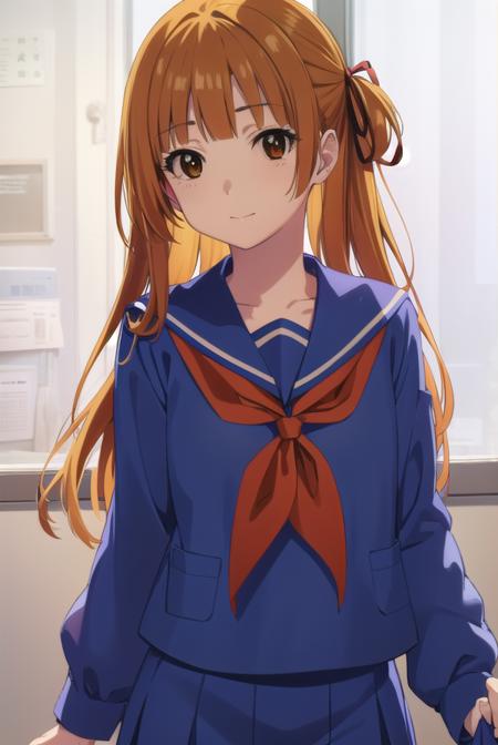 akemisumizome, <lora:akemi sumizome s1-lora-nochekaiser:1>,
akemi sumizome, long hair, orange hair, (brown eyes:1.7), ribbon, hair ribbon, bangs, blunt bangs, hime cut, smile,
BREAK skirt, school uniform, serafuku, blue sailor collar, shirt, white shirt, long sleeves, blue skirt, neckerchief, red neckerchief,
BREAK indoors, classroom,
BREAK looking at viewer, (cowboy shot:1.5),
BREAK <lyco:GoodHands-beta2:1>, (masterpiece:1.2), best quality, high resolution, unity 8k wallpaper, (illustration:0.8), (beautiful detailed eyes:1.6), extremely detailed face, perfect lighting, extremely detailed CG, (perfect hands, perfect anatomy),