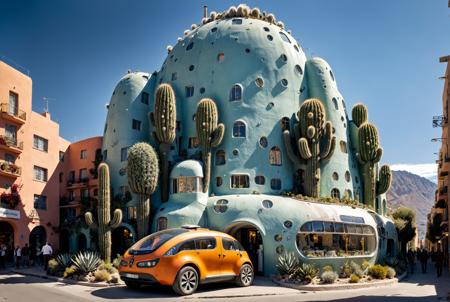 Dali style Futurist style Surrealist style Surrealist art (finely intricate details:1.4)  (ultra high resolution:1.2), 8k,  Canon eos 5d mark 4,   (very high resolution). (volumetric lighting) a futuristic distopic dictatorial town (cactus:0.7),  national geographic photo of  (a traditional architecture (light bulb:0.2) futuristic with (wonderful fresco graffiti:0.8) town centre:1.5),(homeless people walking in the street:1.3) , (shop:1.1), (the buildings are weathered:0.5).  (futuristics electric atomic vehicles:1.5 )in the streets. (garden:0.05) , (various colors). intricate, detailed, dreamlike, mysterious <lora:xl_more_art-full_v1:1>  <lora:Surreal Harmony:0.8> Surreal Harmony . dreamlike, irrational, unexpected juxtapositions, highly detailed . dynamic, technology, speed, highly detailed . Surrealist, dreamlike, bizarre, symbolic, "realistic