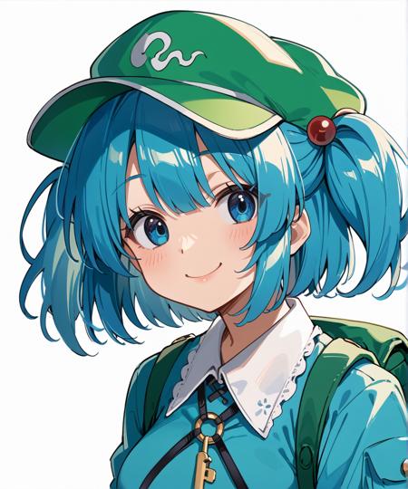 kawashiro nitori, (key), green headwear, two side up, twintails, blue hair, short hair, hair bobbles, aqua eyes, flat cap, long sleeves, backpack, blue shirt, blue skirt, skirt set, blue footwear, rubber boots, pocket, kawashiro nitori, (key), green headwear, two side up, twintails, blue hair, short hair, hair bobbles, aqua eyes, flat cap, tank top, bare shoulders, blue clothes around waist, cargo pants