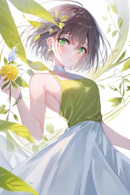 1girl,face,short hair,green_eyes,white dress,masterpiece,best quality,white background,<lora:Miwano-Rag-V3-000013:1>