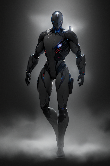 (masterpiece, best quality, high quality, absurdres), (1boy, man, robot, humanoid, symmetry, solo, highly detailed design, good body), (thick neck, broad shoulders), ((dark background:1.4, fog:1.4)), 
((hard surface, hard edges, science fiction)), (full body, from the front), <lora:ExcalV2:0.6>