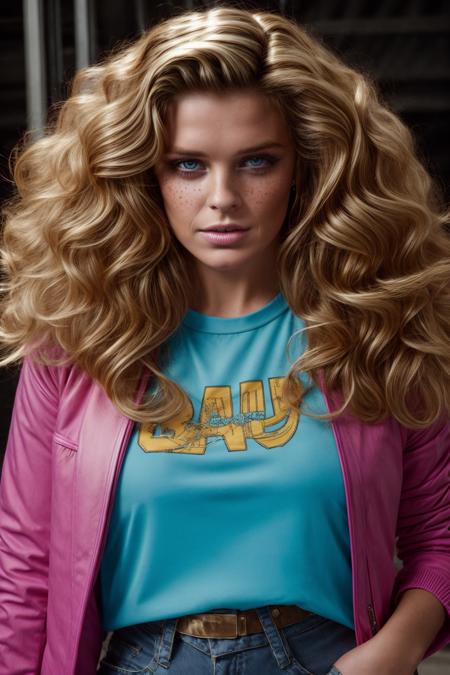 1980s pop culture style woman, radical, retro 1980s style, vibrant, stunningly beautiful, crisp, detailed, high contrast, cinematic, ultra detailed, intricate, professional, ((blonde big Hair)), Freckles, blue eyes, over-the-hip shot, SFW, wearing 1980s pop culture clothing, cyan & magenta clothing,
<lora:add_detail:0.7>
<lora:EnhancedDetail:0.7>
<lora:Voe_Doe_AI_Model_For_1.5:1>