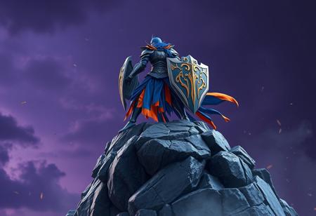 epic details Gaia Knight in striking blue & orange armor, bi-color design, blue head, atop rugged gray rock formation, gripping shield, poised for epic battle, facing left against dark purple sky. Scattered debris. Dynamic pose, Creative angle, Captivating lighting. Splash Ink Illustration, Matte Painting, Octane Render, Unreal Engine 5. 4K, High detail, Impeccable composition, Golden ratio, CGSociety, Trending on ArtstationHQ.