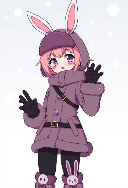 light pink skin, bunny ears, short hair, pink hair, purplish-dark grey trapper hat, purplish-dark grey coat with a black strap around the torso, purplish-light grey fluffy sleeves, black gloves with a paw symbol, black belt, purplish-black pants, a pair of bunny-themed boots, woman, snow on the sky background, anime, cartoony, cute, solo