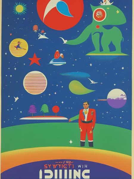 <lyco:VictorMoscoso:1.0> single page from a soviet textbook for children called Living With Synthetic Beings, with illustrations, published in 1976, vintage, seventies style, blue, white, red, purple, green