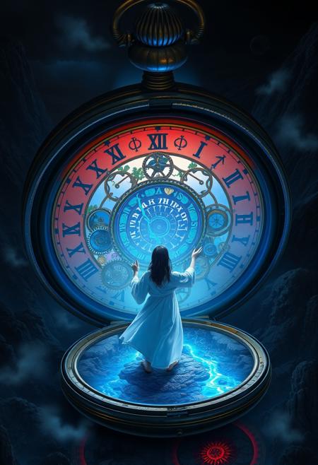 NO SUN IN THE SKY! Envision a surreal, top-down scene with an enormous ancient pocket watch standing upright, its cover open to reveal a magical portal glowing with mystical energy. Inside, intricate gears and finely wrought cogs interlock in a delicate dance, frozen in time. Ornate clock hands, suspended as if by magic, are etched with arcane symbols. Glowing runes pulse softly with inner light, intertwined with living vines. The scene is bathed in a bluish  ethereal glow from its center.
At the heart stands a lone figure—a young woman with porcelain skin and raven-black hair. Clad in a flowing white robe shimmering in the portal's light, she reaches out as if to touch the otherworldly aether. Her sapphire-like eyes reflect the portal's iridescent hues as she gazes into a breathtaking landscape: towering mountains, a cascading volcano, and a steaming river winding through charred forests.
The pocket watch rests on an obsidian floor, its polished surface mirroring glowing runes and distant portal light. Above, a crescent moon casts a silvery glow, while stars twinkle like distant jewels. Deep reds and blues contrast with the portal's warm light, enhanced by reflective volumetric lighting. The mood is dark, filled with adventure and wonder, drawing viewers into the hidden, magical world within the clock’s ancient mechanisms, guided by the woman's presence.