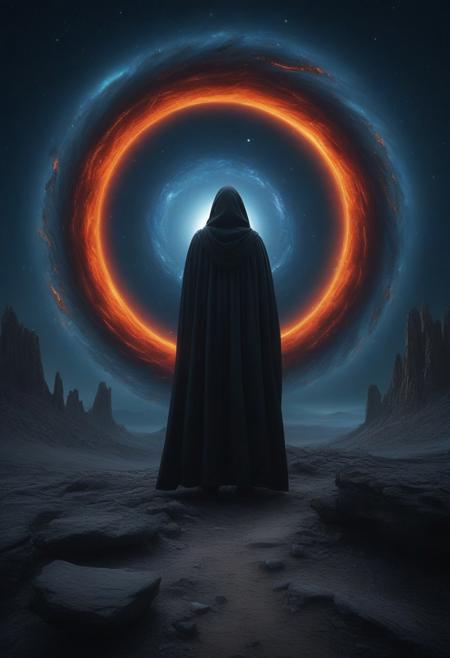 This is a digital artwork depicting a surreal, otherworldly scene. The central focus is a massive, swirling black hole with a fiery orange and red rim, surrounded by dark, swirling space debris. The black hole is located in the center of the image, encircled by a dark, cosmic void with stars and nebulae scattered across the sky. 
In the foreground, a lone figure stands on a rocky, uneven terrain, facing the black hole. The figure is dressed in a long, flowing, dark cloak that covers most of their body, suggesting a sense of mystery and isolation. The figure's face is not visible, adding to the enigmatic atmosphere.
The background features towering, jagged rock formations, some appearing to be ancient ruins, with the sky above blending into a gradient of dark blue to light blue, suggesting a transition from night to day. The textures of the rocks are rough and rugged, enhancing the desolate and alien environment.
The overall color palette is dominated by dark blues, blacks, and fiery reds, with the contrast between the figure's dark cloak and the bright, swirling black hole creating a striking visual impact. The image evokes a sense of awe and wonder, blending elements of fantasy and science fiction.
  <lora:qihuan222 (1):0.2> <lora:qihuan222 (2):0.9> <lora:qihuan222 (3):0.3>   <lora:qihuan222 (4):0.2>