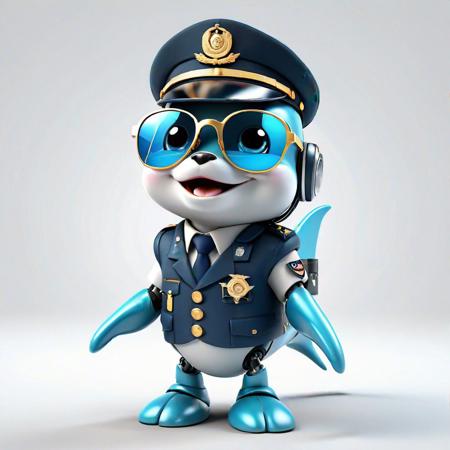Full body, luxurious sunglasses and hat, excited and happy expression, cute and lovely baby robot dolphin with military uniform on body, 2d cute, happy, fantastic, dreamy, illustration, 3d three-dimensional, centered, professional, soft modern, nice. It has graphics, line art, and a white background.