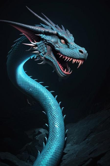 Asian dragon blue snake gradient vibrant neon colour, rough, textural, broad brush strokes, red color prominent detailed, alienzkin, silhouette, spotlight, dark theme, c4d, blender, raytracing, unreal engine 5, render 3d, face close up,
