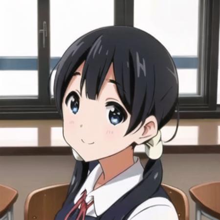 high quality, masterpiece, beautiful, 1girl, (kitashirakawa_tamako), twintail, black hair, blue eyes, (school_uniform), looking back, indoor, looking at viewer, smile, by the classroom window, classroom, <lora:kitashirakawa_tamako_v3-000005:0.7>