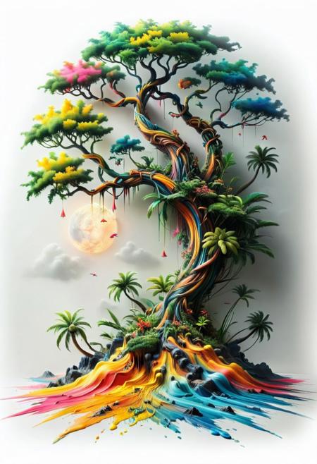 <lora:artfullyWHIMSICAL_SDXL_V1:1>landscape of a colourful tropical island