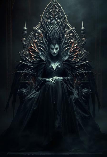 Beautiful full-length queen of darkness sitting on a throne, mystic, dark fantasy, realistic photo, high detail, digital painting, cinematic, stunning, hyper-realistic, sharp focus, high resolution 8k, insanely detailed