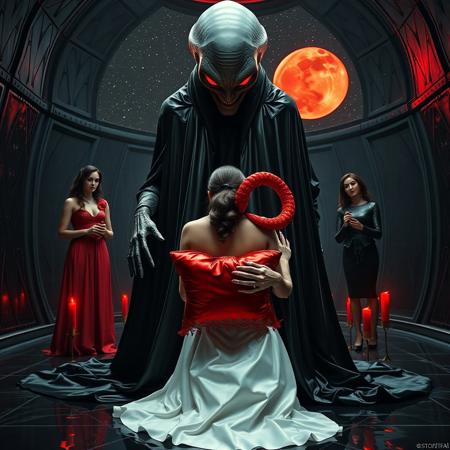 high-society elegant slender norvegian rich innocent young bride kneeling at whorish red glossy foil pillow from behind. She is ensnared by a towering, gray human-like alien, draped in a long, glossy black slime cloak, its eyes gleaming red with an otherworldly intensity.   its hands make her suckn its red thick slimy tentacle. Surrounded by strict ladies wearing  glossy satin dominatrix attire and glossy high heels,  holding red candles.   weird wet-look black slime  walls and floor, colossus observation blister to outer space full of stars, bright red moon, vintage-inspired makeup, long hairs, ultra thin waist, evil grin, porcelain skin, lipstick, red nails, in the style of a haunting, retro-futuristic 1950s sci-fi nightmare, horror, alien space base,,