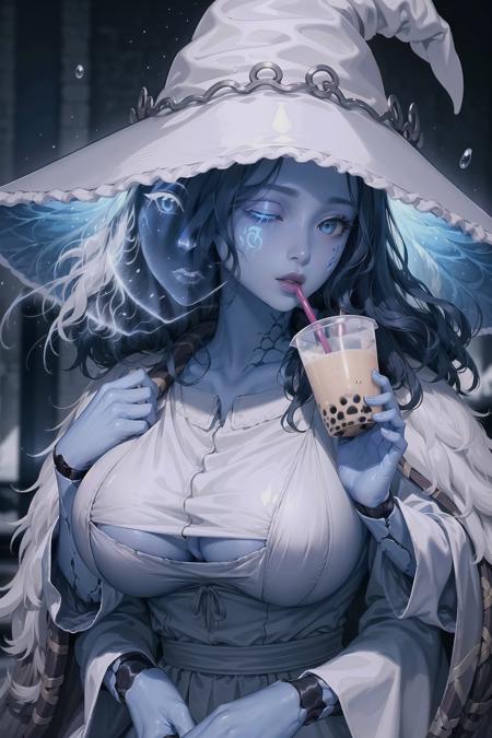 masterpiece, best quality, IncrsRanni, wavy hair, cracked skin, colored skin, blue skin, extra faces, extra arms, <lora:RanniV4LoRA:1>, doll, joints, doll joints, white dress, hat, cloak, boobatea, with a cup of bubble tea on her boobs, lips on the straw, drinking through the straw, <lora:Pos_BoobaTea:0.8>