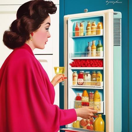 <lora:wcoby:1> wcobystyle, a woman in a dress is looking into a refrigerator ,highly detailed, intricate, painting, sharp focus, detailed face, detailed eyes