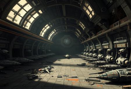 Create an animated image of an abandoned space station inspired by the Star Wars universe. The station should appear heavily damaged, with rows of old robots lining the walls and numerous small ships left in disarray. The atmosphere must convey a strong sense of abandonment and desolation, featuring dim lighting and shadows that enhance the eerie mood. Include details like rust and signs of wear to emphasize the age and neglect of the station.