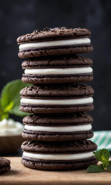 cinematic still foodpho, High resolution food photography style using Sony A7RIV, The image shows a stack of Oreo cookies on a wooden board. The cookies are arranged in a vertical manner, with the top cookie being the largest and the bottom one being the smallest. The stack is made up of multiple layers of cookies, with each layer having a layer of white cream or cream on top. The cream is drizzled over the top of each cookie, creating a smooth and creamy texture. There is a small sprig of mint on top of the stack, adding a pop of green color to the image. The background is a dark grey color, making the cookies stand out even more. The overall mood of the image is elegant and decadent. The image is detailed and shot using a 50mm f 1.8 lens . emotional, harmonious, vignette, 4k epic detailed, shot on kodak, 35mm photo, sharp focus, high budget, cinemascope, moody, epic, gorgeous, film grain, grainy, foodpho, High resolution food photography style using Sony A7RIV, The image shows a stack of Oreo cookies on a wooden board. The cookies are arranged in a vertical manner, with the top cookie being the largest and the bottom one being the smallest. The stack is made up of multiple layers of cookies, with each layer having a layer of white cream or cream on top. The cream is drizzled over the top of each cookie, creating a smooth and creamy texture. There is a small sprig of mint on top of the stack, adding a pop of green color to the image. The background is a dark grey color, making the cookies stand out even more. The overall mood of the image is elegant and decadent. The image is detailed and shot using a 50mm f 1.8 lens, very coherent, sharp focus, intricate, extremely stylish, rich deep colors, ambient light, dynamic dramatic cinematic perfect detail, creative, positive emotional, glowing, beautiful, aesthetic, fine balanced, calm, quality, bright, surreal, iconic, lovely, pretty, complex artistic, pleasing, epic