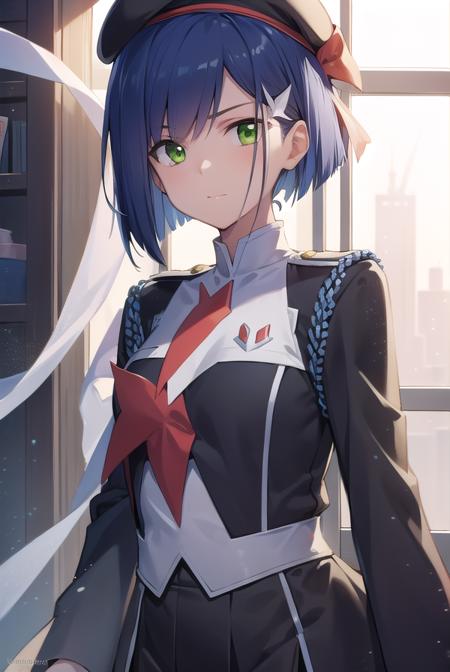 franxxichigo, <lyco:ichigo-lyco-nochekaiser:1>, 
ichigo, blue hair, (green eyes:1.5), hair ornament, hairclip, short hair,
BREAK beret, hat, military, military uniform, uniform,
BREAK looking at viewer,
BREAK indoors, classroom,
BREAK <lyco:GoodHands-beta2:1>, (masterpiece:1.2), best quality, high resolution, unity 8k wallpaper, (illustration:0.8), (beautiful detailed eyes:1.6), extremely detailed face, perfect lighting, extremely detailed CG, (perfect hands, perfect anatomy),