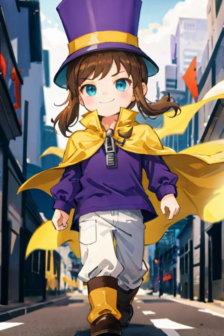 hatkid, child, brown hair, medium hair, blue eyes, top hat, yellow cape, purple jacket, zipper, white pants, boots, smug, walking, city <lora:hatkid:1>