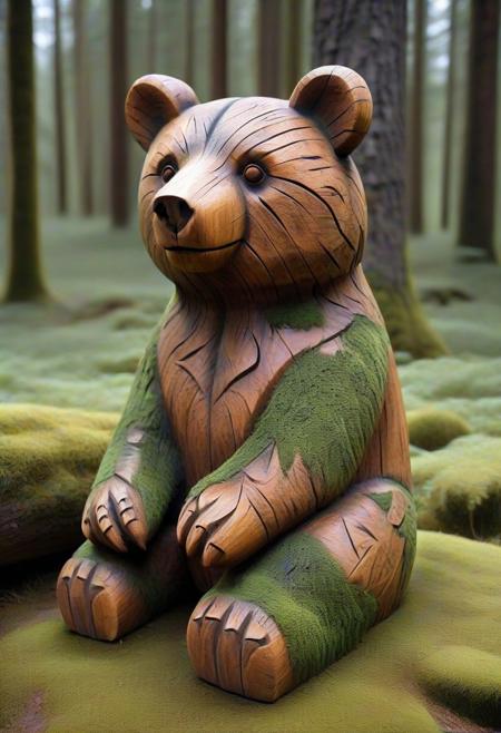 wooden bear statue, carved wood, old wood, forest, weathered wood, mossy, atmospheric, rustic, deep forest, shadow, natural light, outdoor, historical, folklore, runes, ancient guardian, rune bear
