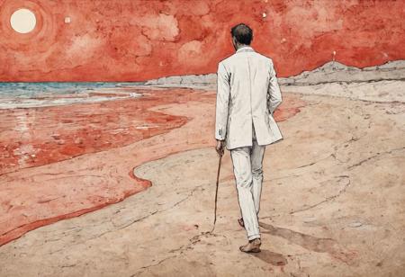 old book style ink illustration, on parchment, ink splashes, ink stains, ink smears, faded ink,(Digital Art by Peter Doig and Andrea Pisano: 1.2), A French man in a white suit, dressed in pure white clothes, walking on the beach, (lightweight suit),noon, baked by the bright sun, red sand, the magical solar aesthetics of mosaic art, unconventional supreme masterpieces, exquisite details, intelligent atmosphere, and gentle atmosphere. (Balanced central component, :0.5)