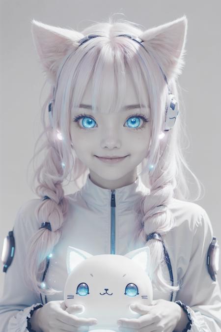 <lora:KawaiiTech:1>, kawaiitech,pastel color, kawaii, cute colors ,scifi, pink, scholar , scroll, 1girl ,long hair, pale skin,white hair, glowing eyes, smile, cat ears, <lora:Color Separation_B_Blue_1.1:1>