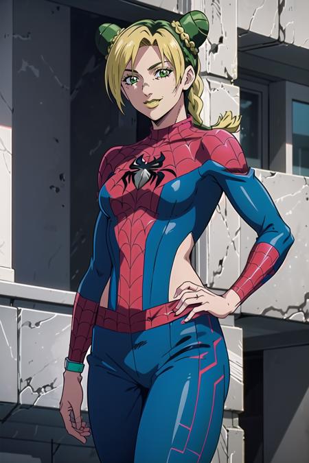 jolyne,  multiple views,  1girl,  solo,  blonde hair,  black hair,  jewelry,  green hair,  detailed,  BREAK /sunny/,  braided ponytail,  green eyes,  smile,  alternate costume,  alternate outfit,  breasts,  thighs, camymin,  double buns, spider-man costume,<lora:EMS-260993-EMS:0.800000>,<lora:EMS-3262-EMS:0.800000>,<lora:EMS-36223-EMS:0.800000>