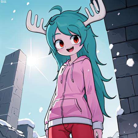 GobbletyTobblety aqua hair, long hair, red eyes, deer antlers, grey skin, aqua sweater, black shorts, black boots