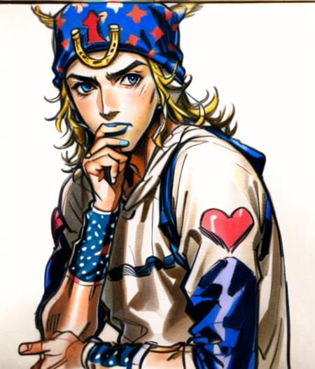 1boy, johnny joestar, hat, wristbands,blue lips, jojo, (traditional sketch), small details, ultra detailed, blonde hair, 
 <lora:johnnyNAI:0.9>