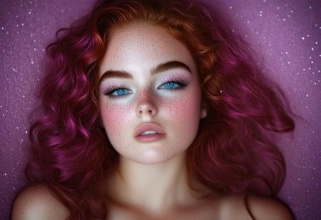 This is a high-resolution, highly detailed photograph of a young woman with an ethereal, dreamy quality. She has light, creamy skin and striking, piercing blue eyes that are wide open, gazing directly at the camera. Her face is covered in tiny, sparkling snow specks, likely a makeup effect, which adds a magical, otherworldly glow to her appearance. Her skin is dotted with freckles, particularly prominent on her nose and cheeks. 
Her long, wavy hair is a vibrant, neon purple, cascading down her shoulders, and adored with tiny lilac blossoms blending into her surroundings.rockabilly style, 1girl, freckles, solo, flower, looking at viewer, pink hair, pink flower, long hair, eyelashes, portrait, 1950's