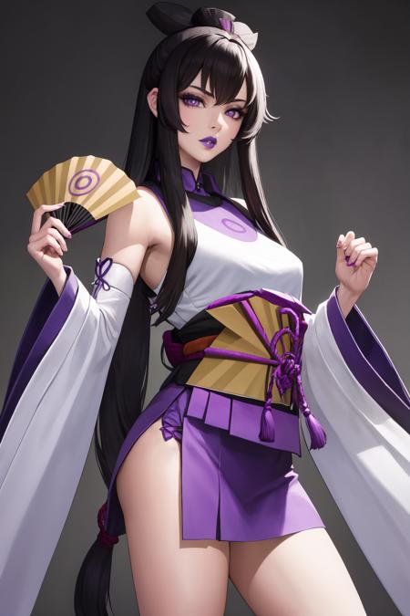 amenouzume, covered eyes, japanese clothes, detached sleeves, hand fan, folding fan, purple lips