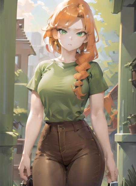 best quality, (masterpiece),(ultra-detailed), (high quality), (high resolution), <lora:alexmc:0.7>,alex, orange hair, green eyes, long hair, green shirt, pants, braid