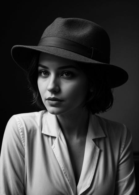 Film noir style, portrait of a woman, (short:0.3) wavy hair, detective, fedora hat, shirt, tie, indoor, bold lines, hyper detailed, mysterious, cinematic, looks at viewer, (closeup:0.8), (smoke:0.5), monochrome, studio lighting, high contrast, sharp focus on a subject, dark background, dramatic shadows <lora:pytorch_lora_weights:0.5>, <lora:picxer_bside:0.7>