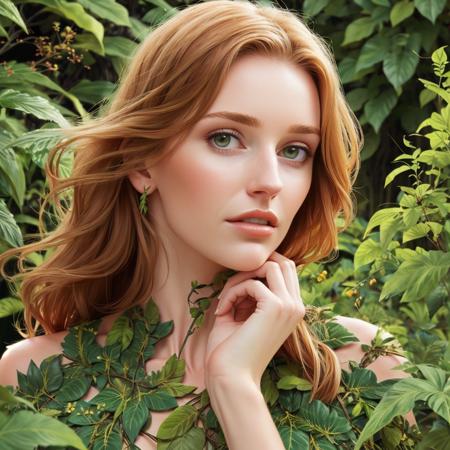 beautiful woman, tall bushes surround her, plant life backdrop