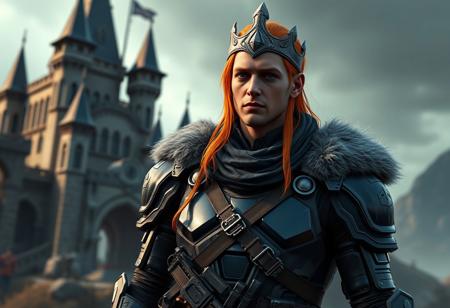 A highly detailed, lifelike depiction of a Cyber Soldier from Darkworld, adorned in navy blue armor and adorned with fur shoulder pads, standing in front of a Castle of Dark Illusions. The soldier, with long red-orange hair and a light grey crown, draws inspiration from Samuel F.B. Morse and Mór Than. The artwork is designed for a game, following the golden ratio and showcasing terracotta shaders. Created with Octane Render, it embodies the styles of H.R. Giger, Charles Marion Russell, and Simon Stalenhag, aiming to trend on ArtStation.